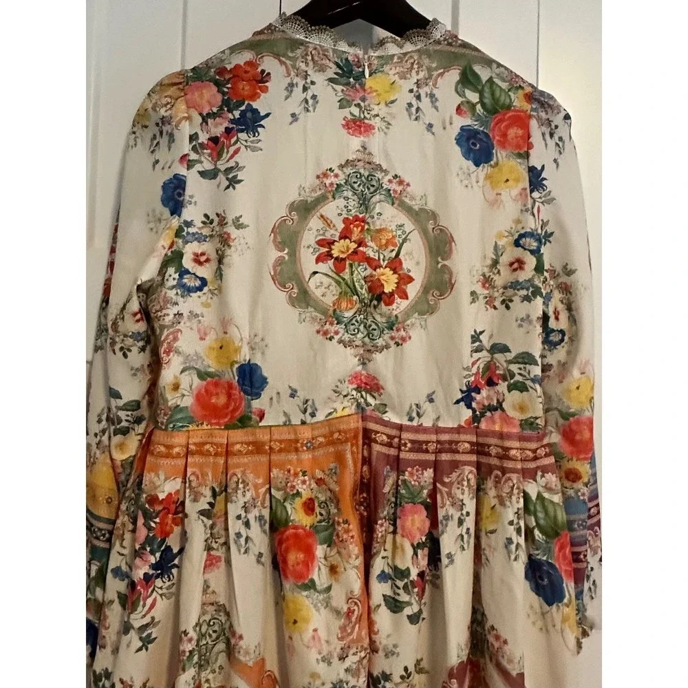 Dalia MacPhee Womens Floral Print Gold Lace Trim Long Sleeve Mini Dress Large - Picture 2 of 4